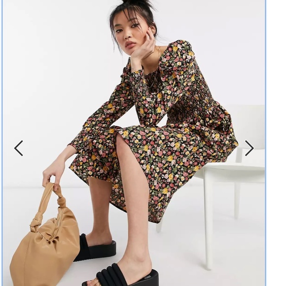 Y.A.S shirred midi dress with puff sleeves in dark floral - Picture 1 of 4